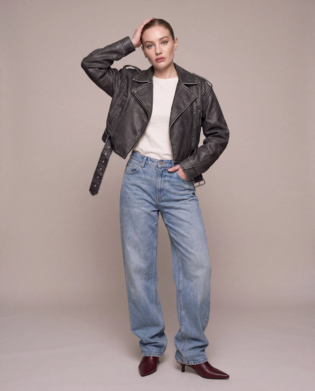 Harper | Women's Grey Cropped Faux Leather Biker Jacket with Belt