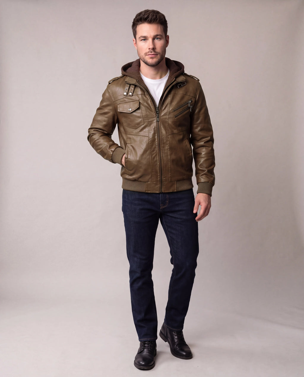 Mason | Men's Brown Hooded Faux Leather Bomber Jacket