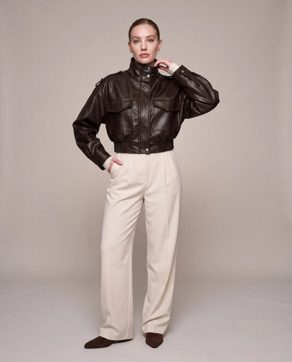 Sienna | Women's Brown Cropped Faux Leather Bomber Jacket