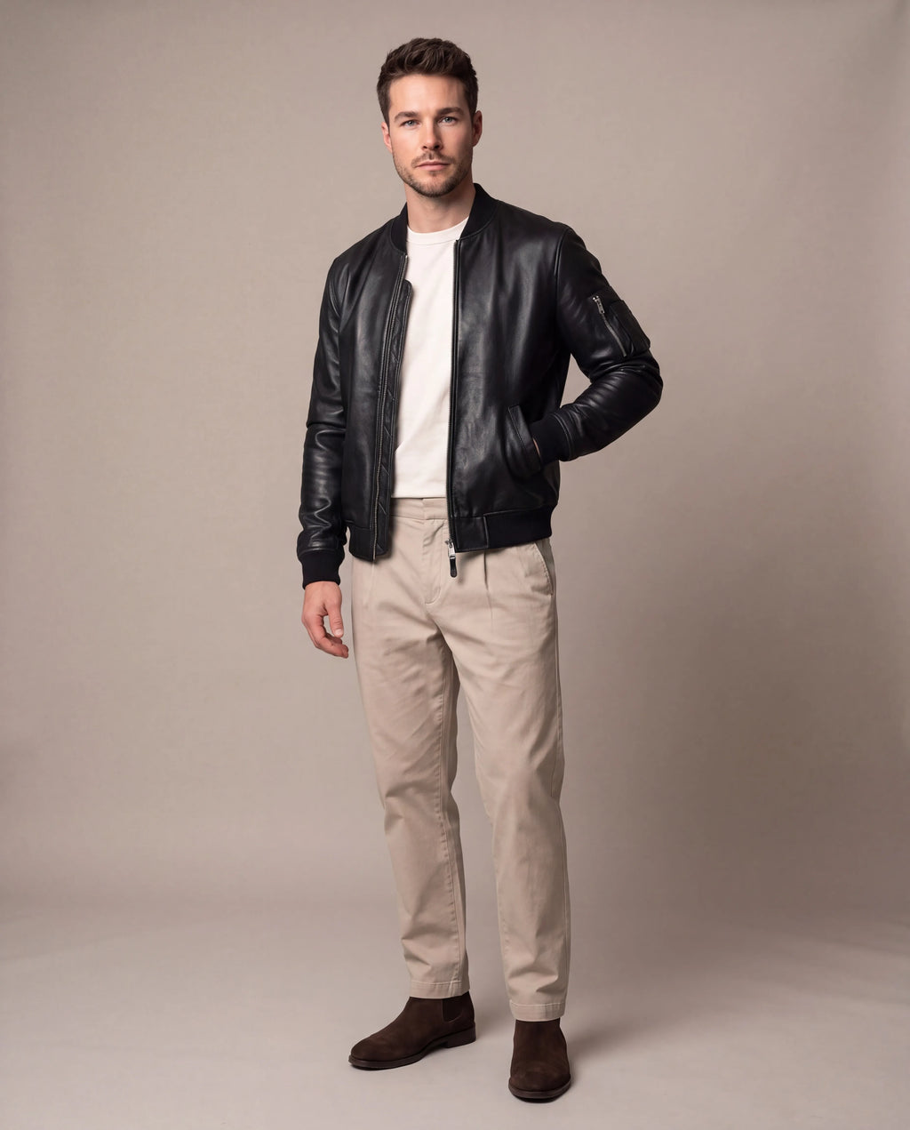 Ethan | Men's Black Faux Leather Bomber Jacket with Sleeve Pocket