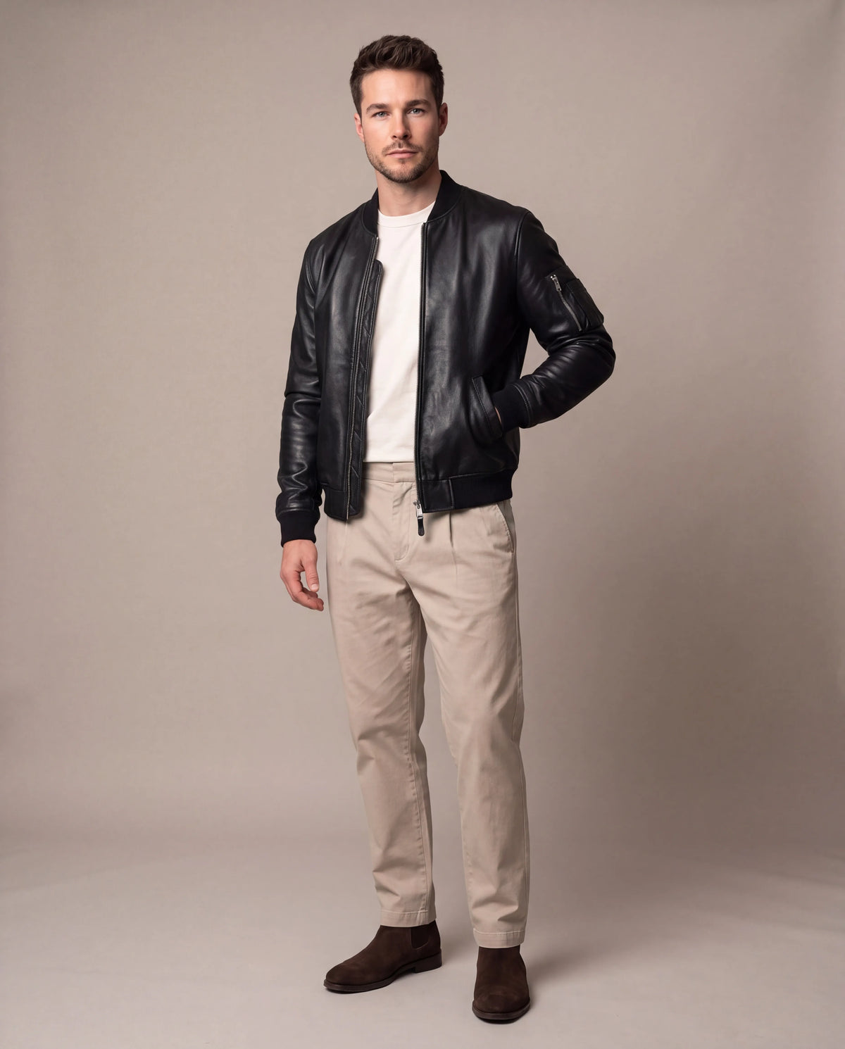 Ethan | Men's Black Faux Leather Bomber Jacket with Sleeve Pocket