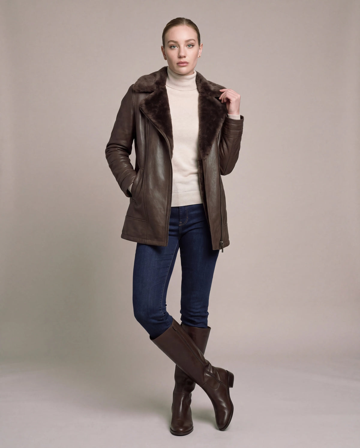Evelyn | Women's Brown Longline Faux Leather Jacket with Plush Lining