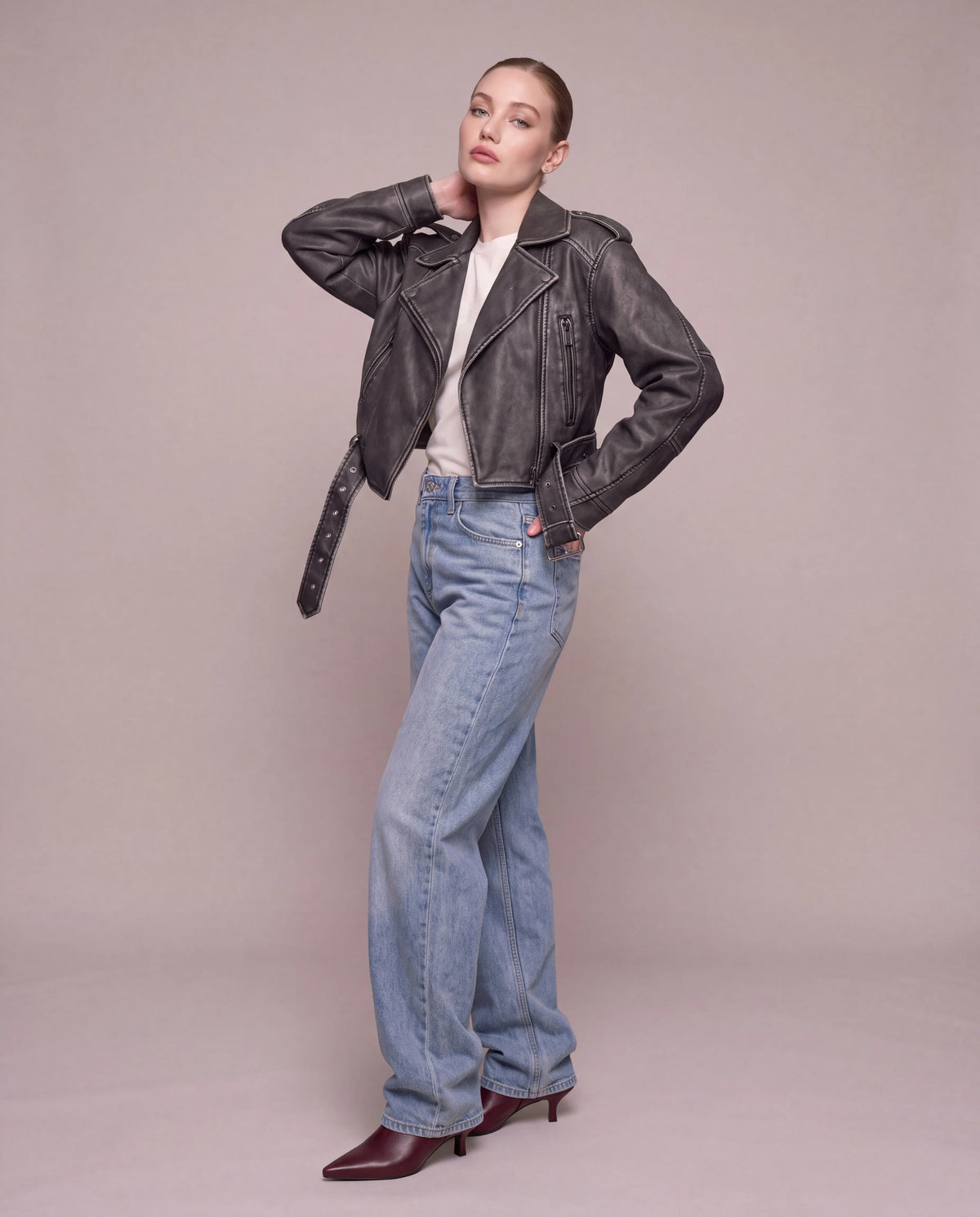 Harper | Women's Grey Cropped Faux Leather Biker Jacket with Belt