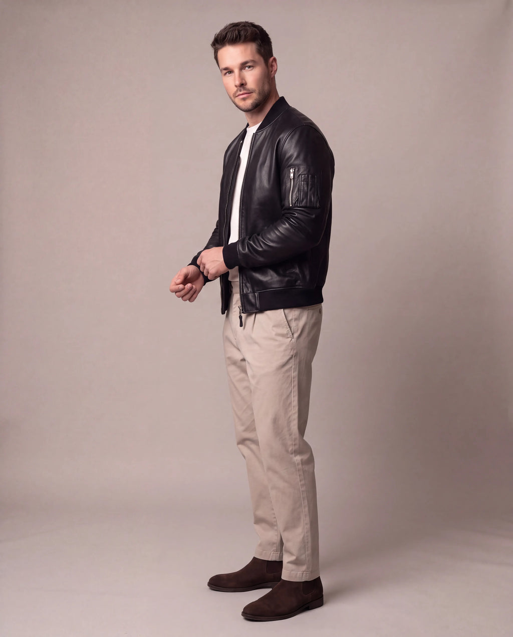 Ethan | Men's Black Faux Leather Bomber Jacket with Sleeve Pocket
