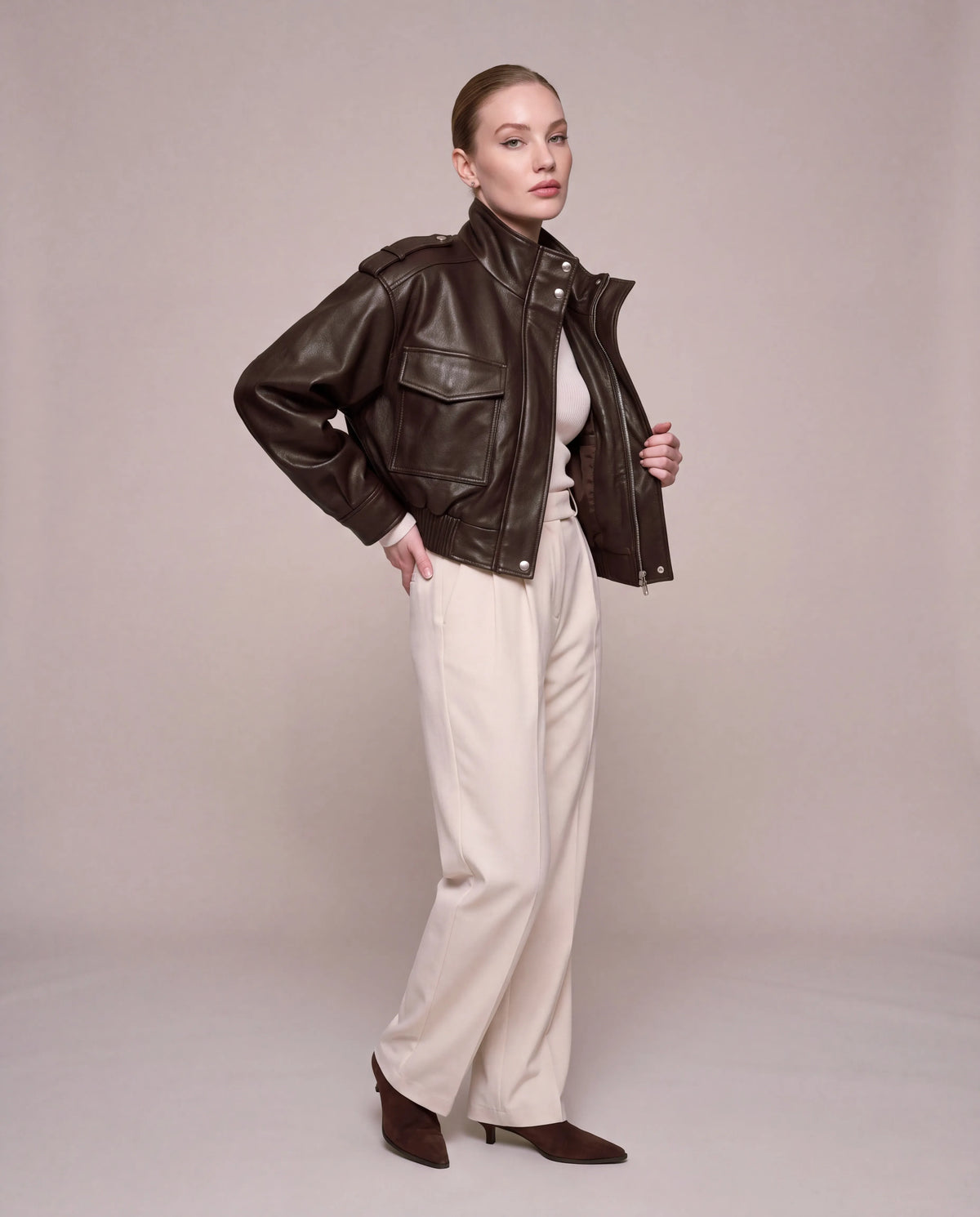 Sienna | Women's Brown Cropped Faux Leather Bomber Jacket