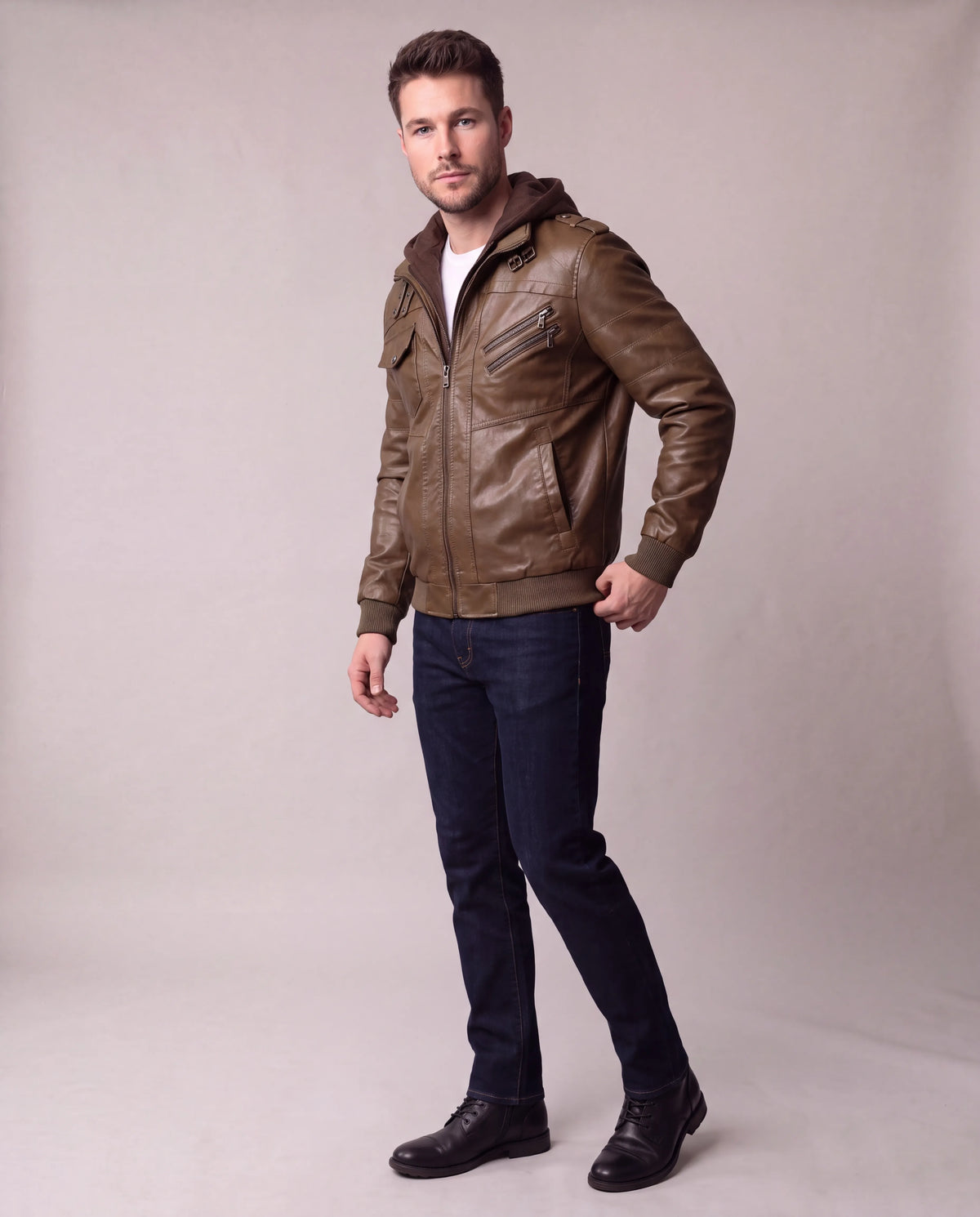 Mason | Men's Brown Hooded Faux Leather Bomber Jacket