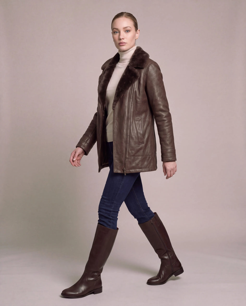 Evelyn | Women's Brown Longline Faux Leather Jacket with Plush Lining