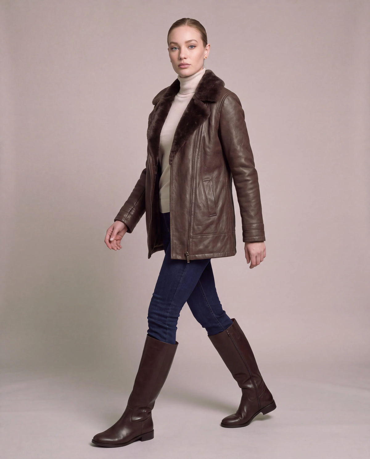 Evelyn | Women's Brown Longline Faux Leather Jacket with Plush Lining