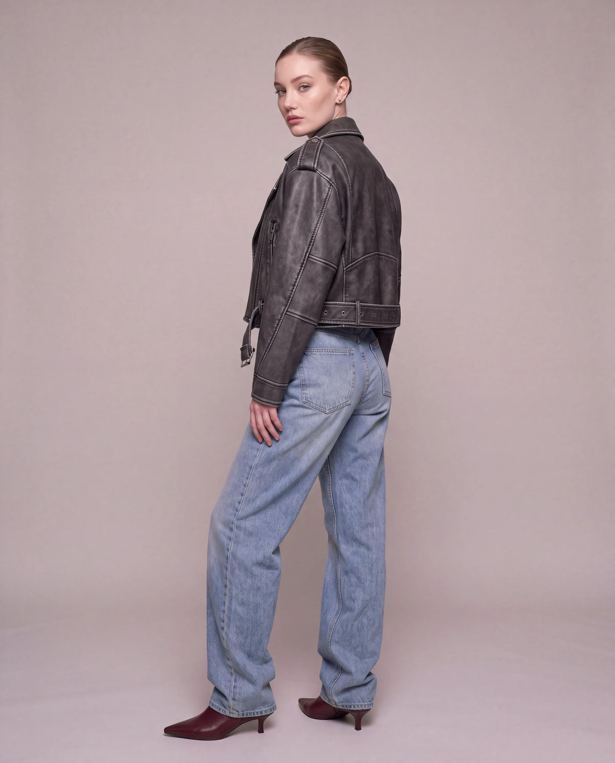 Harper | Women's Grey Cropped Faux Leather Biker Jacket with Belt