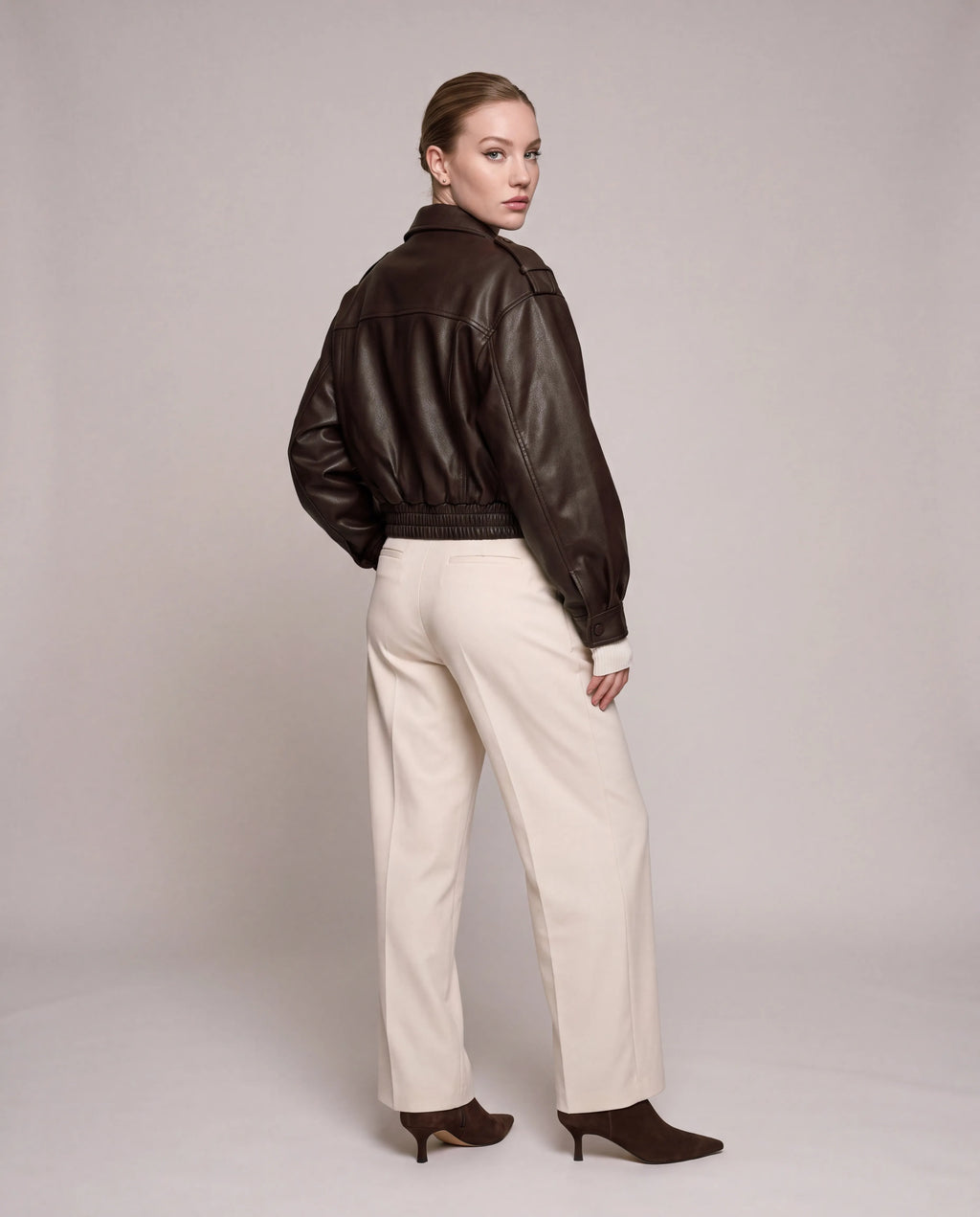 Sienna | Women's Brown Cropped Faux Leather Bomber Jacket