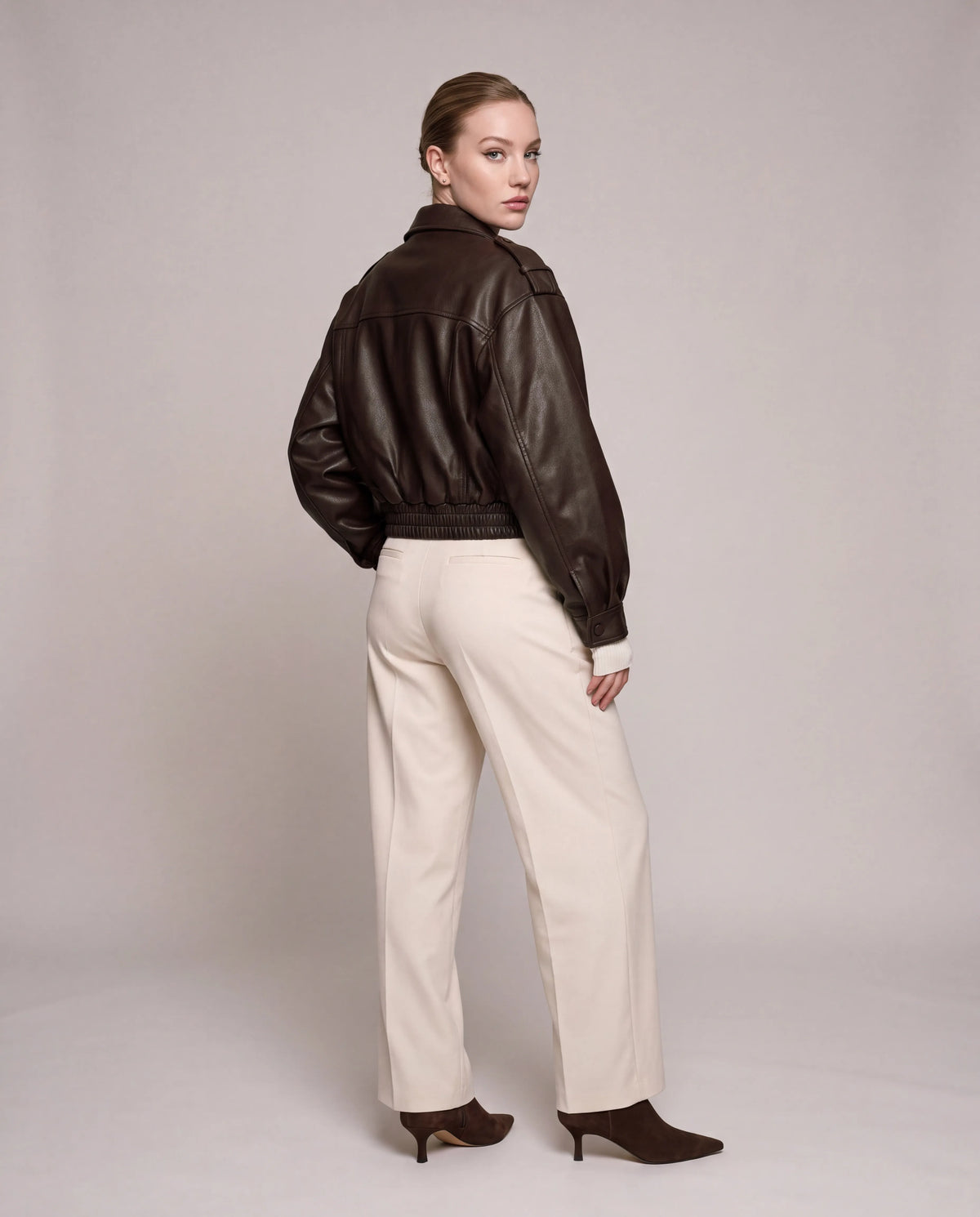 Sienna | Women's Brown Cropped Faux Leather Bomber Jacket