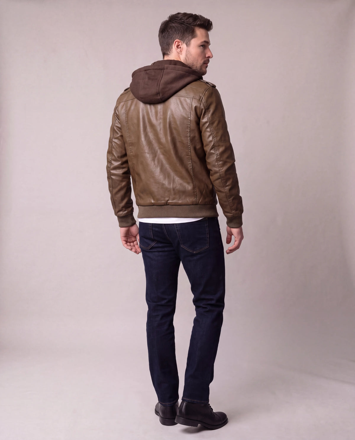 Mason | Men's Brown Hooded Faux Leather Bomber Jacket