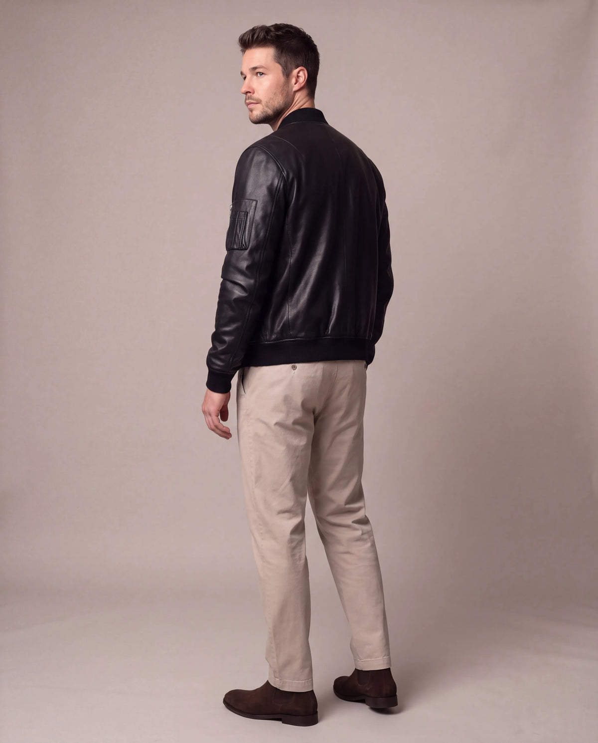 Ethan | Men's Black Faux Leather Bomber Jacket with Sleeve Pocket