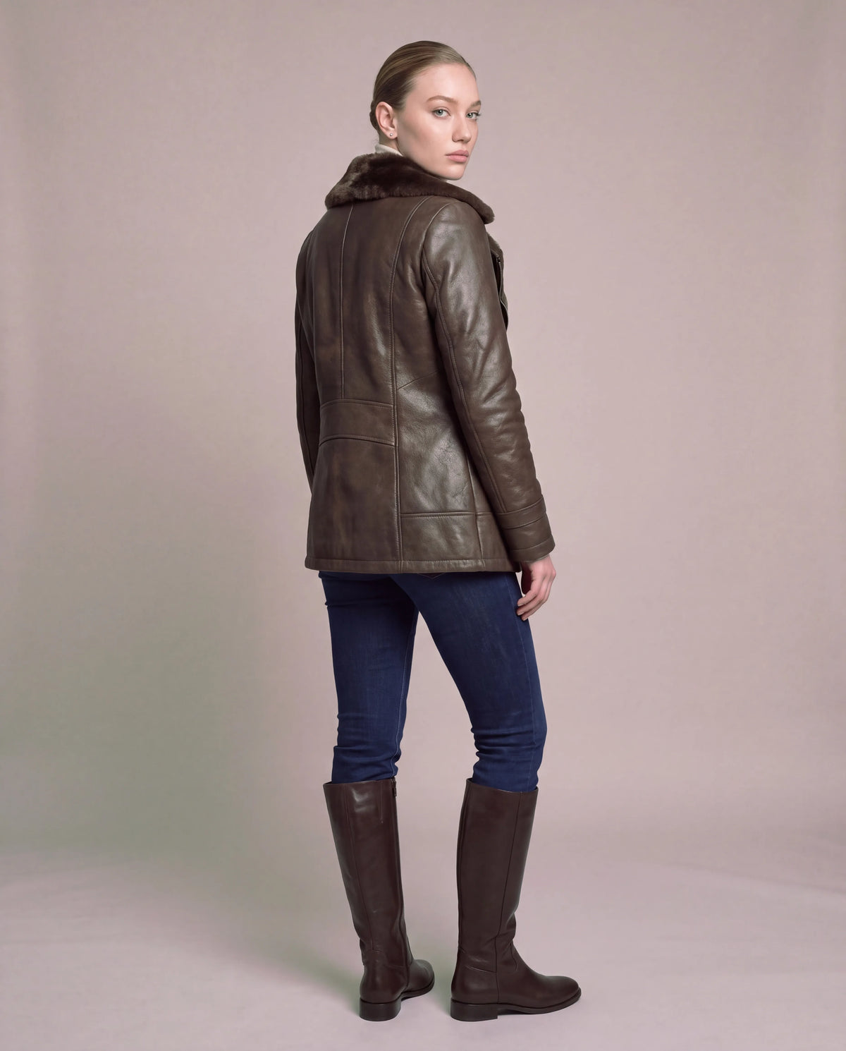 Evelyn | Women's Brown Longline Faux Leather Jacket with Plush Lining