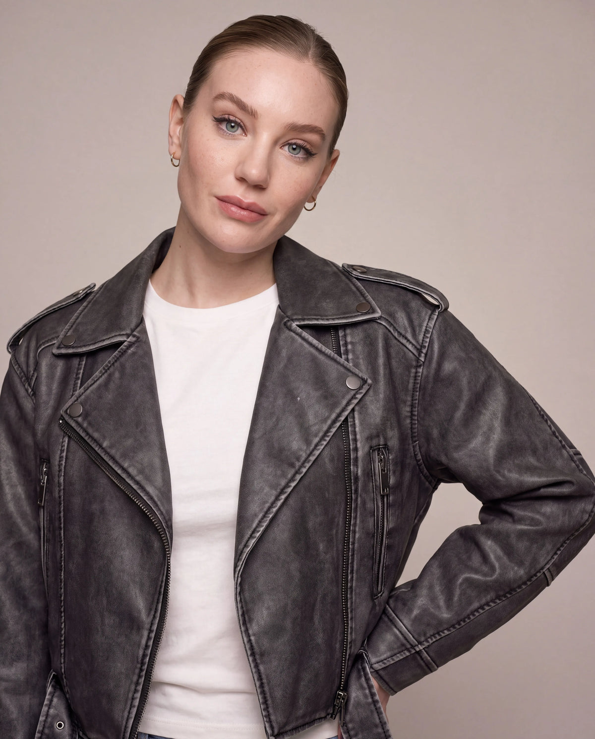 Harper | Women's Grey Cropped Faux Leather Biker Jacket with Belt