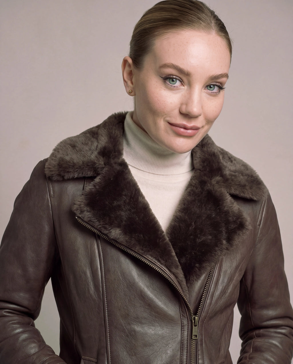 Evelyn | Women's Brown Longline Faux Leather Jacket with Plush Lining