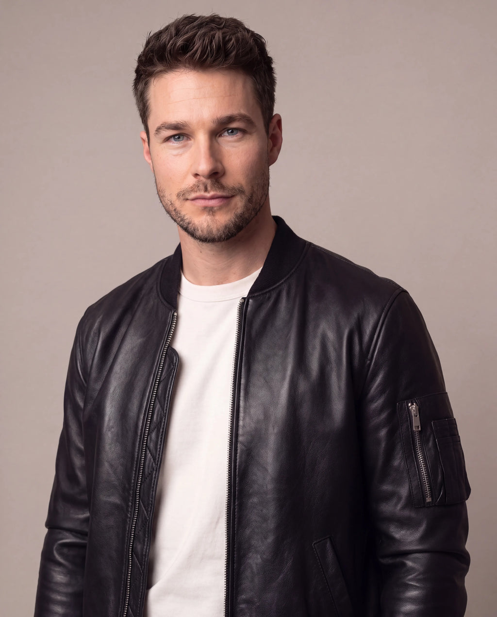 Ethan | Men's Black Faux Leather Bomber Jacket with Sleeve Pocket