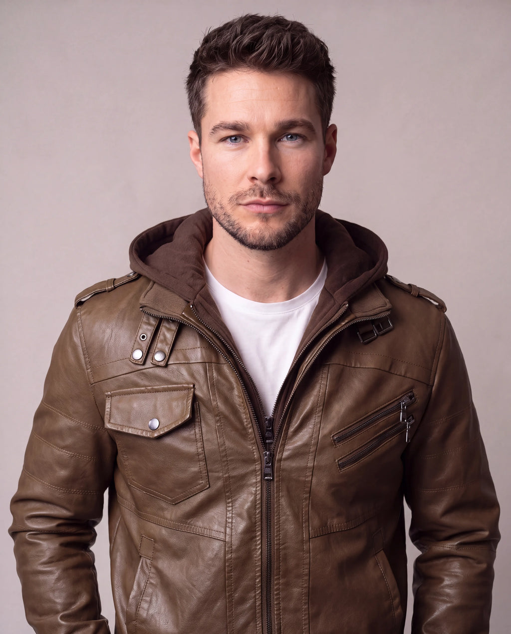 Mason | Men's Brown Hooded Faux Leather Bomber Jacket