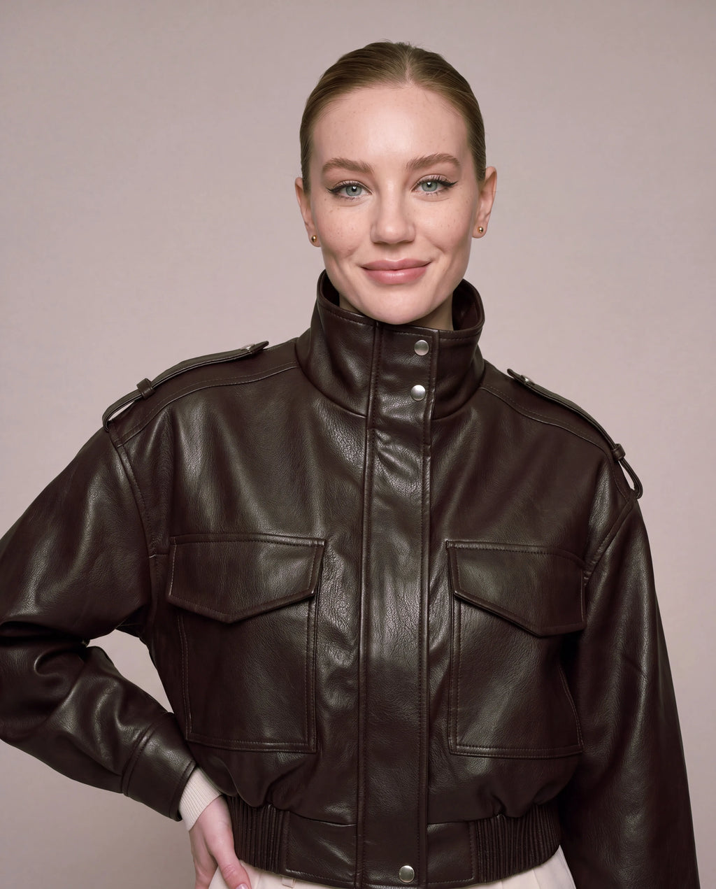 Sienna | Women's Brown Cropped Faux Leather Bomber Jacket