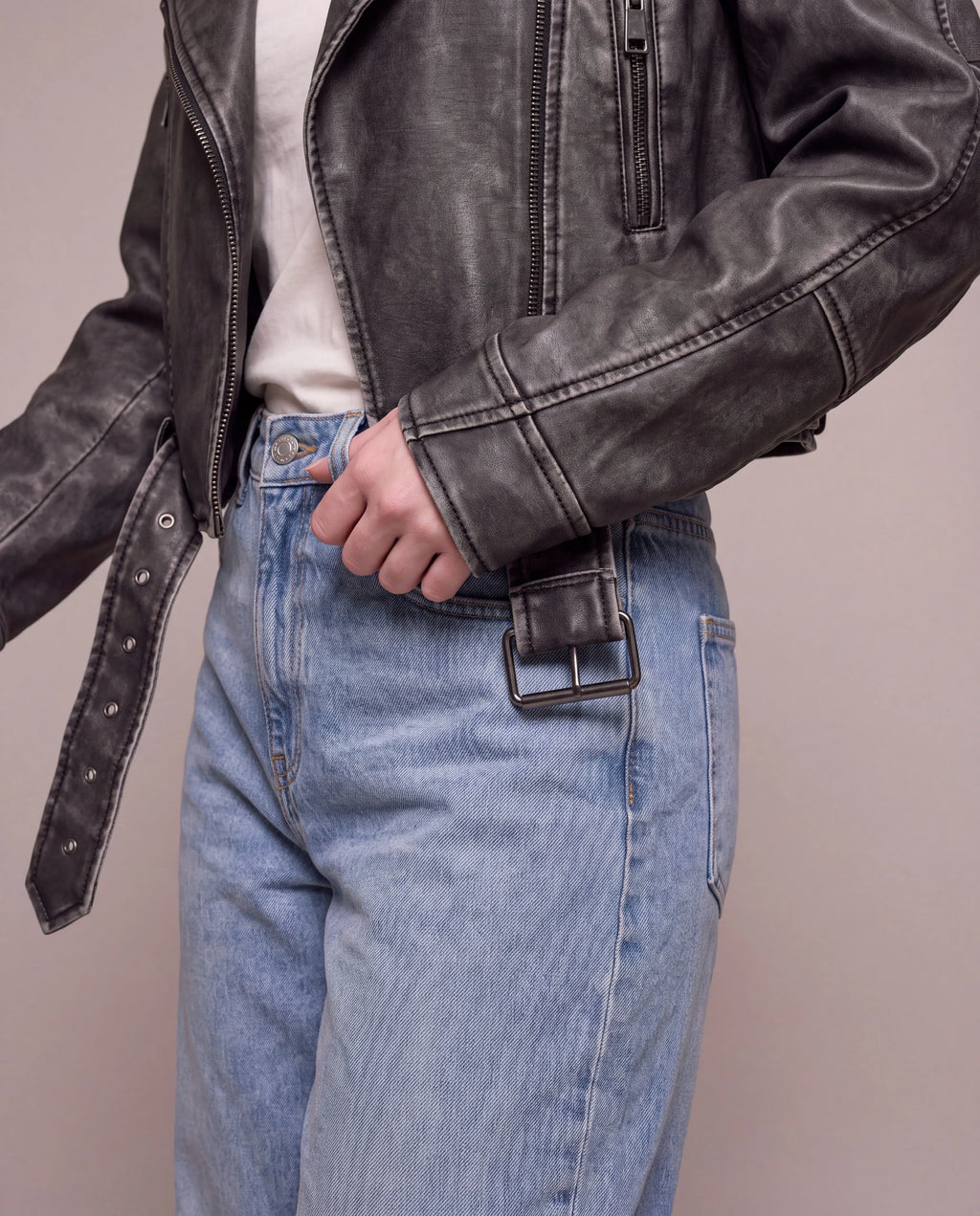 Harper | Women's Grey Cropped Faux Leather Biker Jacket with Belt