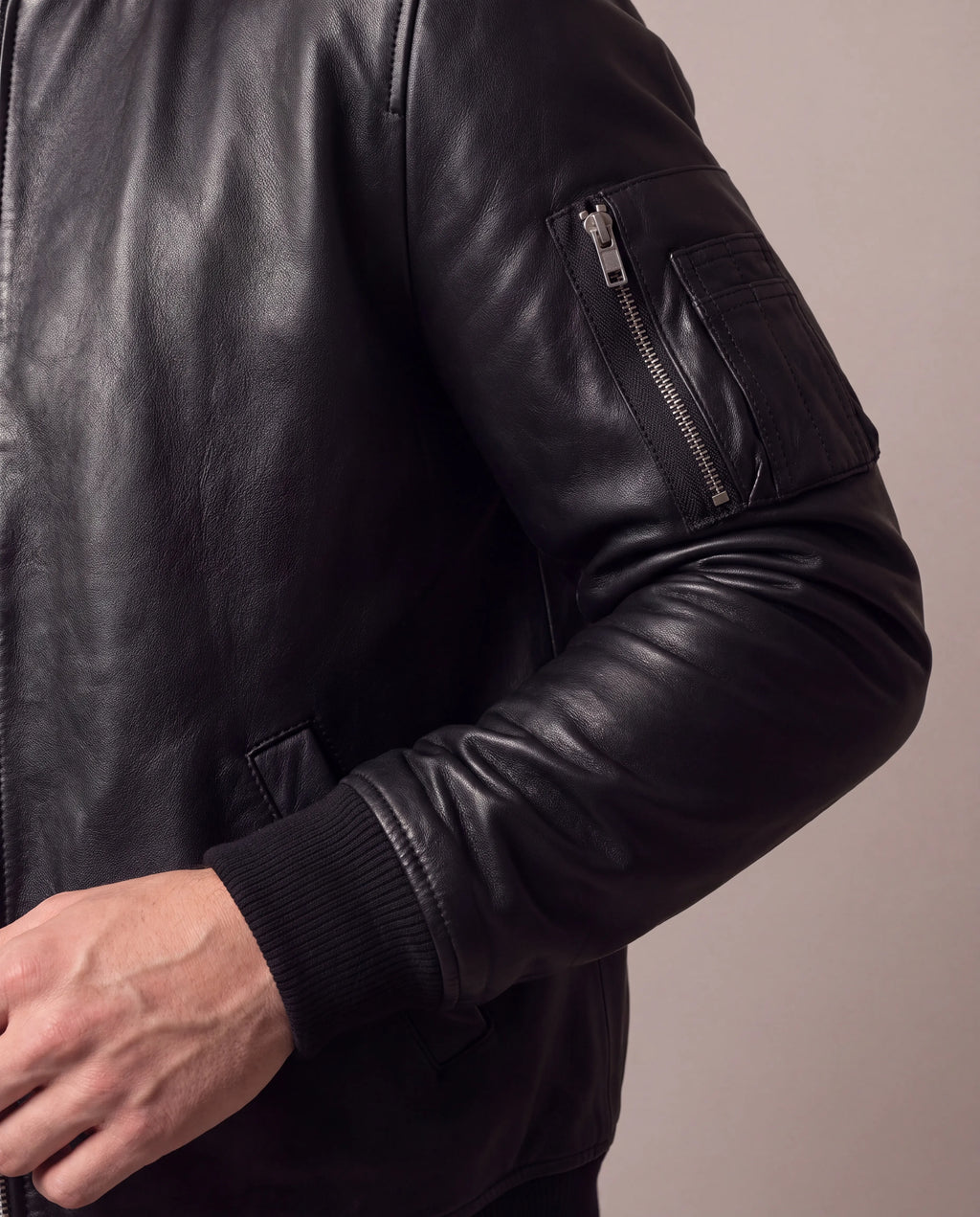 Ethan | Men's Black Faux Leather Bomber Jacket with Sleeve Pocket
