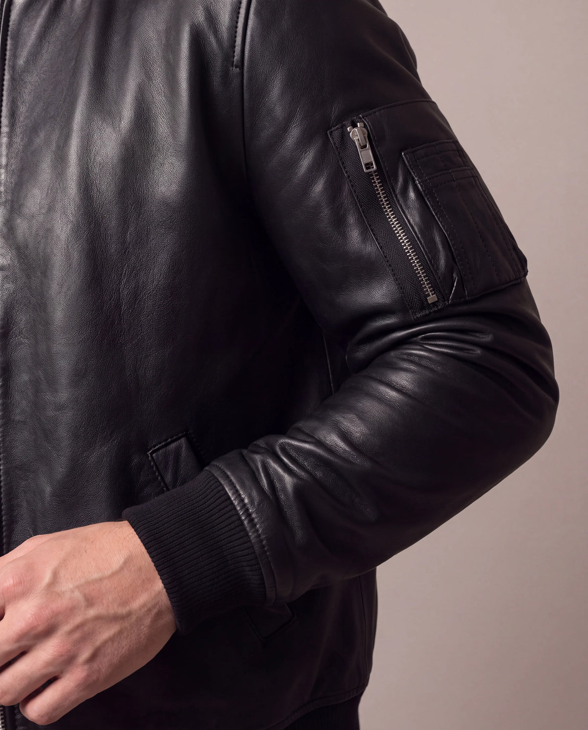 Ethan | Men's Black Faux Leather Bomber Jacket with Sleeve Pocket