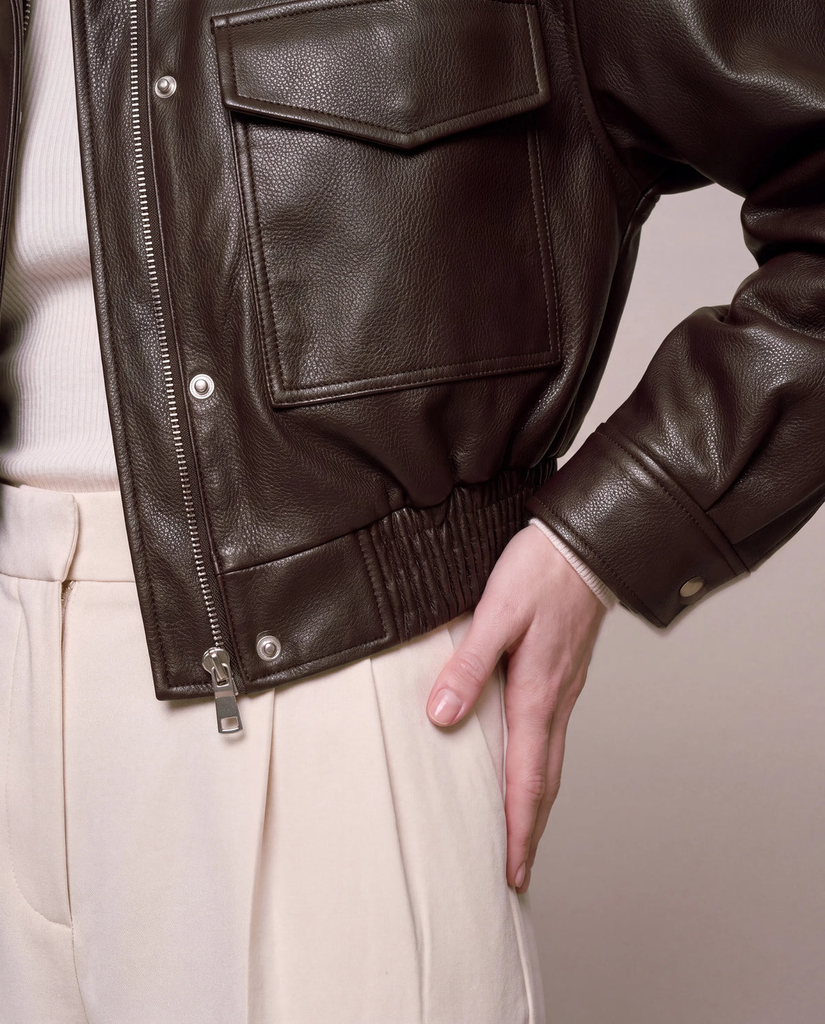 Sienna | Women's Brown Cropped Faux Leather Bomber Jacket
