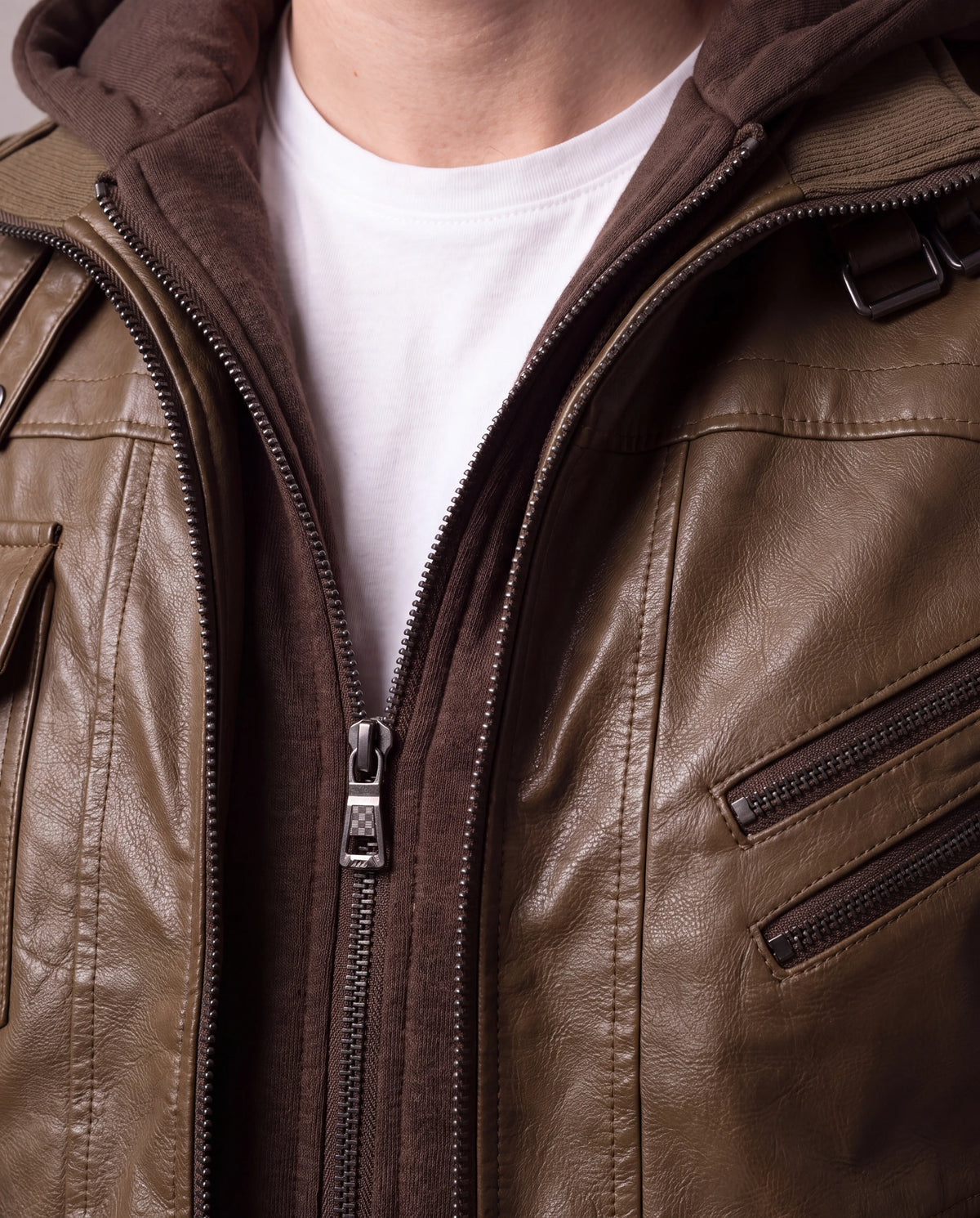 Mason | Men's Brown Hooded Faux Leather Bomber Jacket