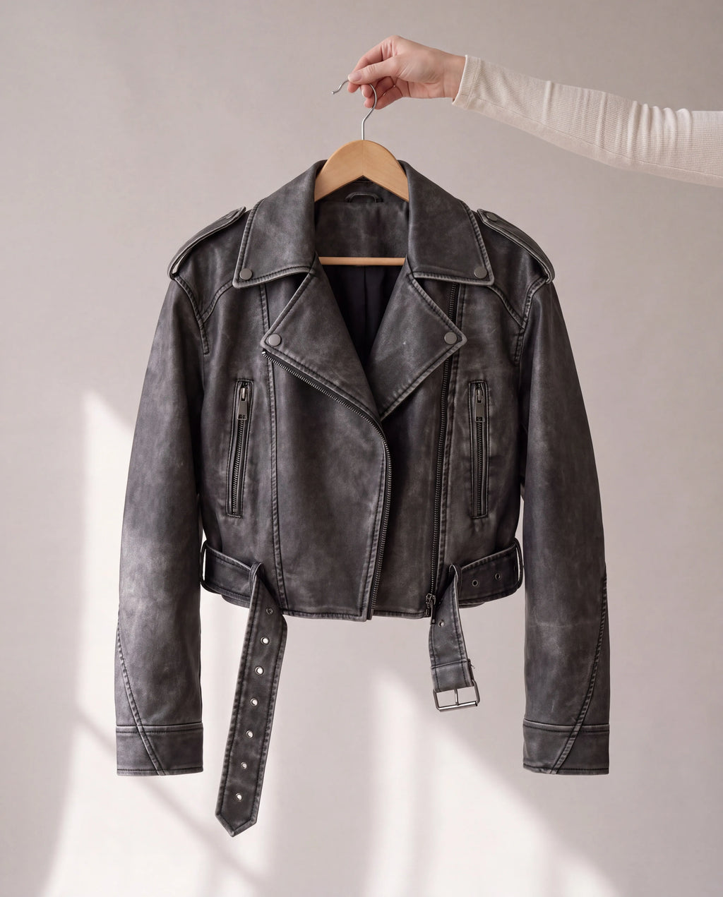 Harper | Women's Grey Cropped Faux Leather Biker Jacket with Belt