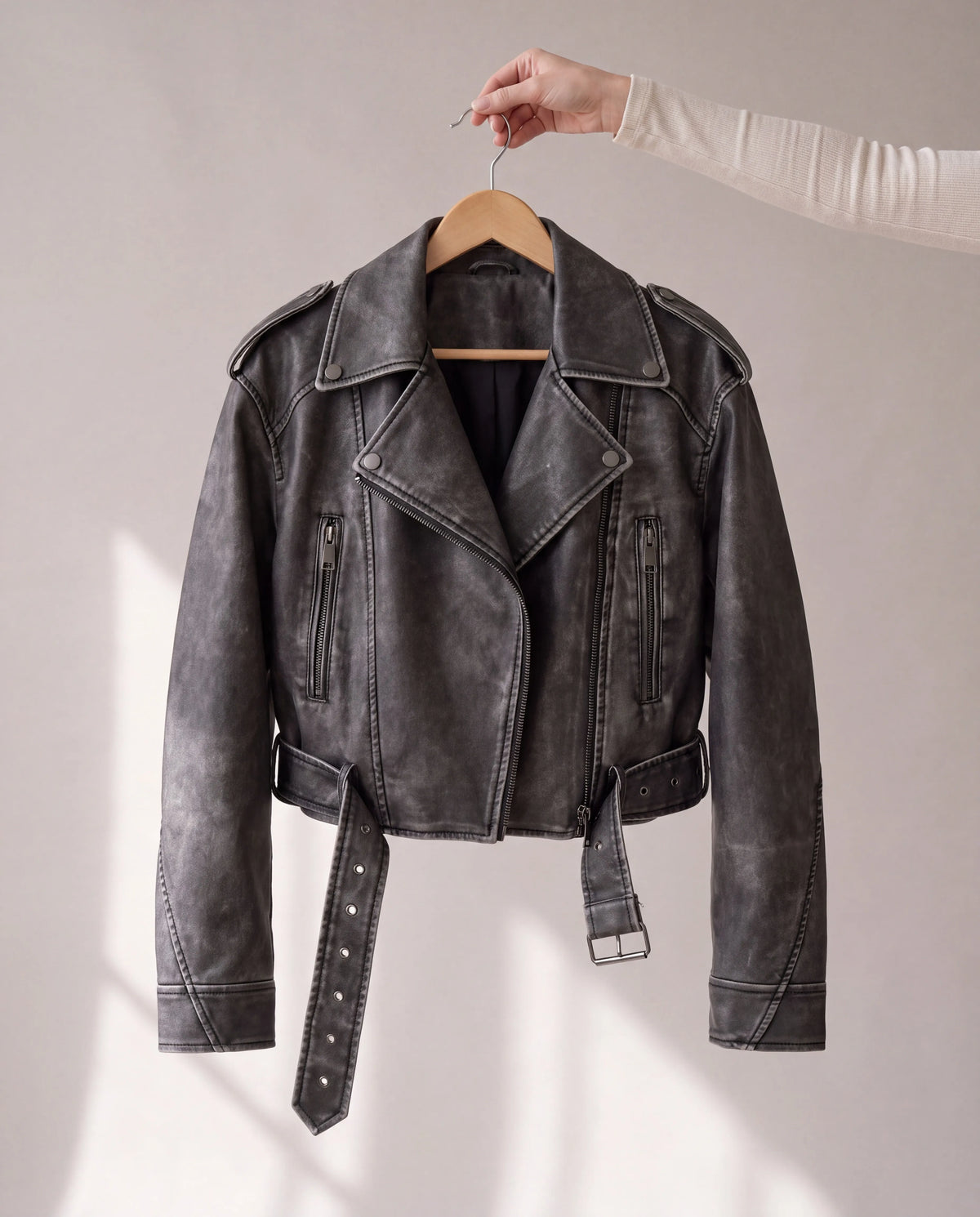 Harper | Women's Grey Cropped Faux Leather Biker Jacket with Belt