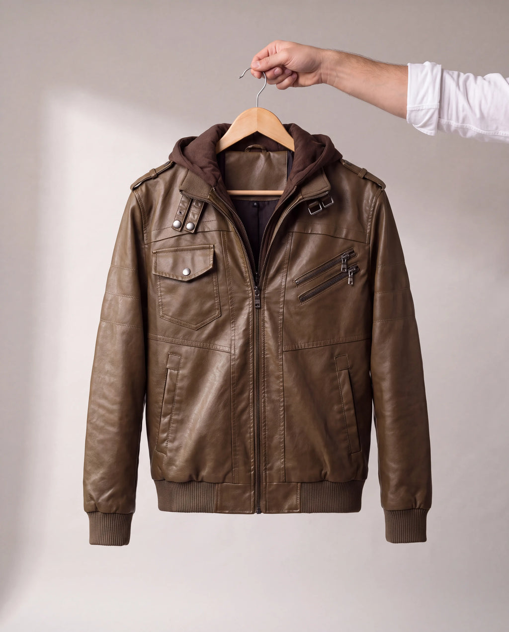 Mason | Men's Brown Hooded Faux Leather Bomber Jacket