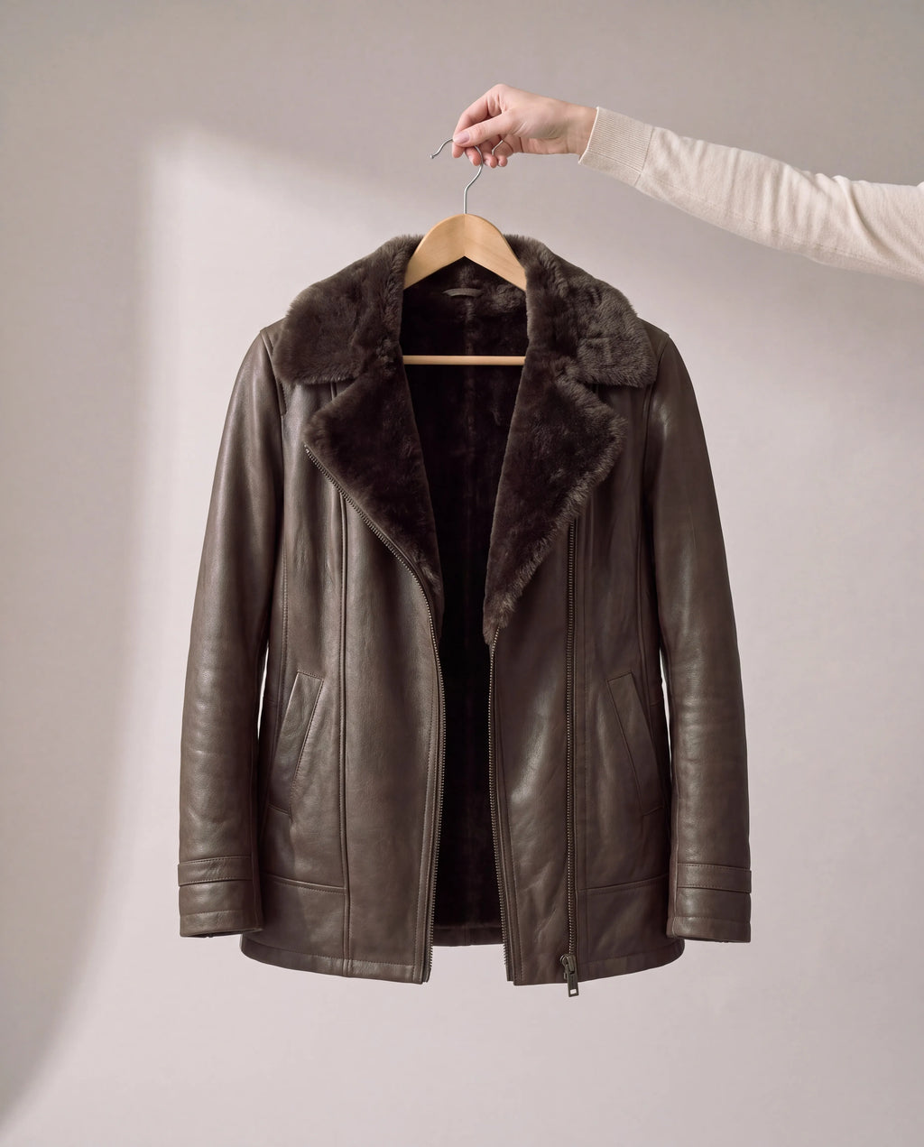 Evelyn | Women's Brown Longline Faux Leather Jacket with Plush Lining