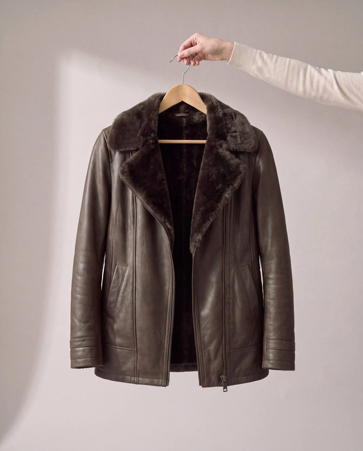 Evelyn | Women's Brown Longline Faux Leather Jacket with Plush Lining