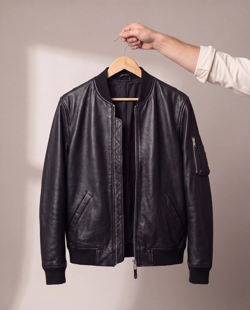 Ethan | Men's Black Faux Leather Bomber Jacket with Sleeve Pocket