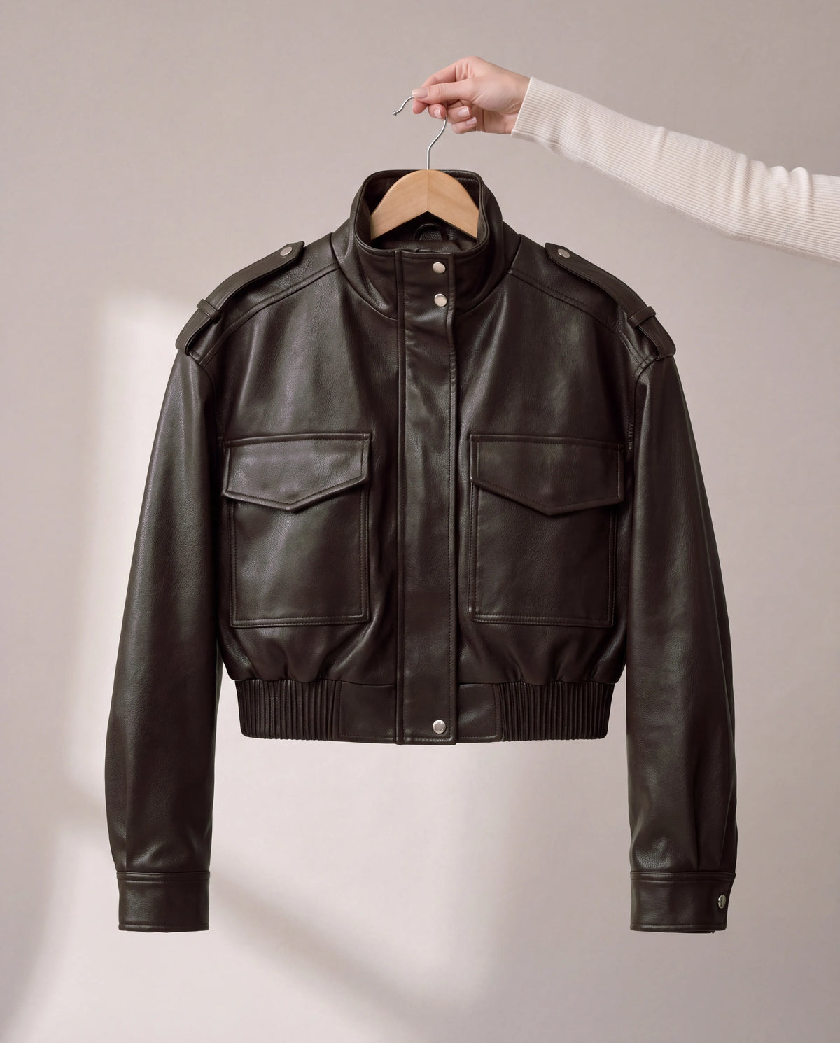 Sienna | Women's Brown Cropped Faux Leather Bomber Jacket